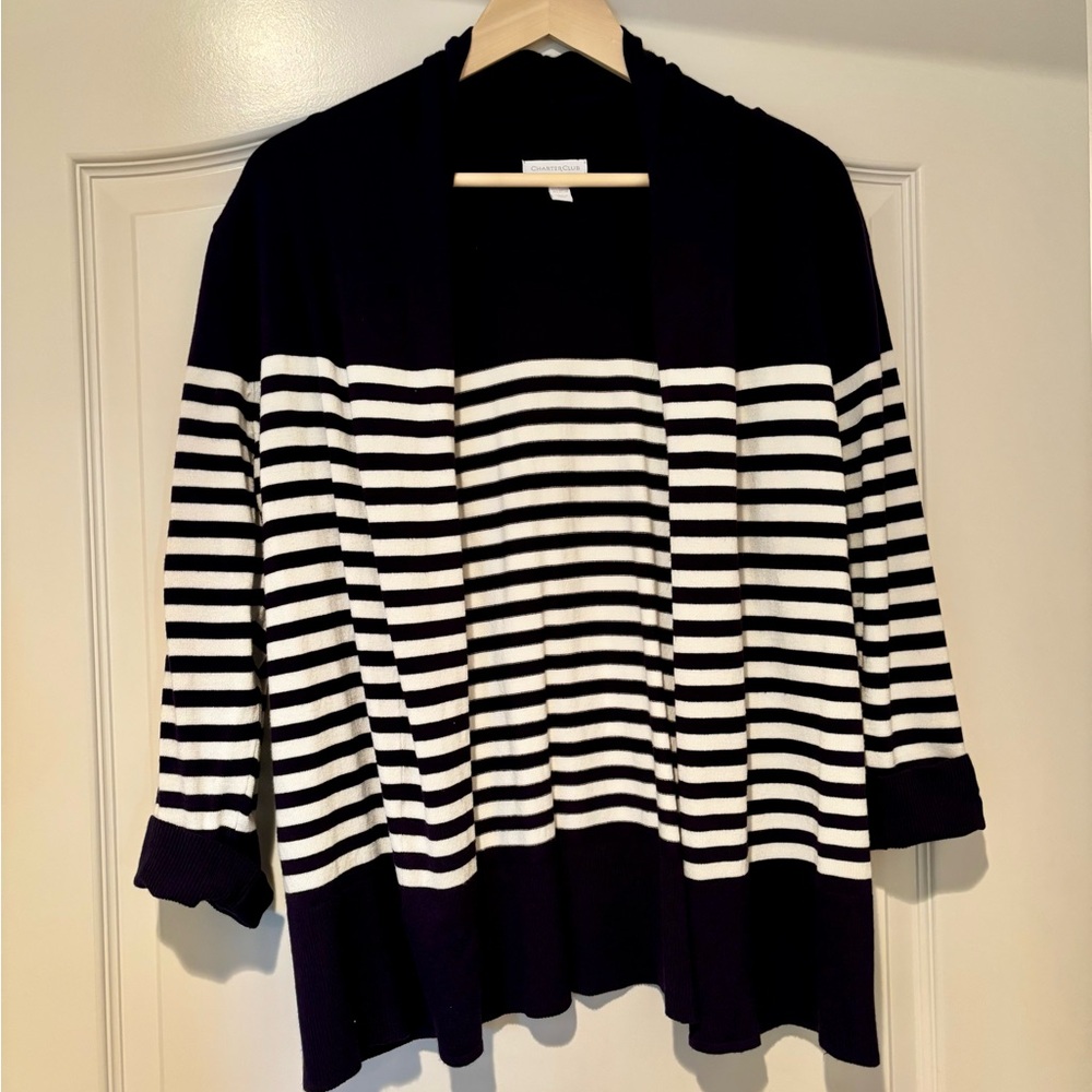 Charter Club Navy & White Striped Open-Front Cardigan
